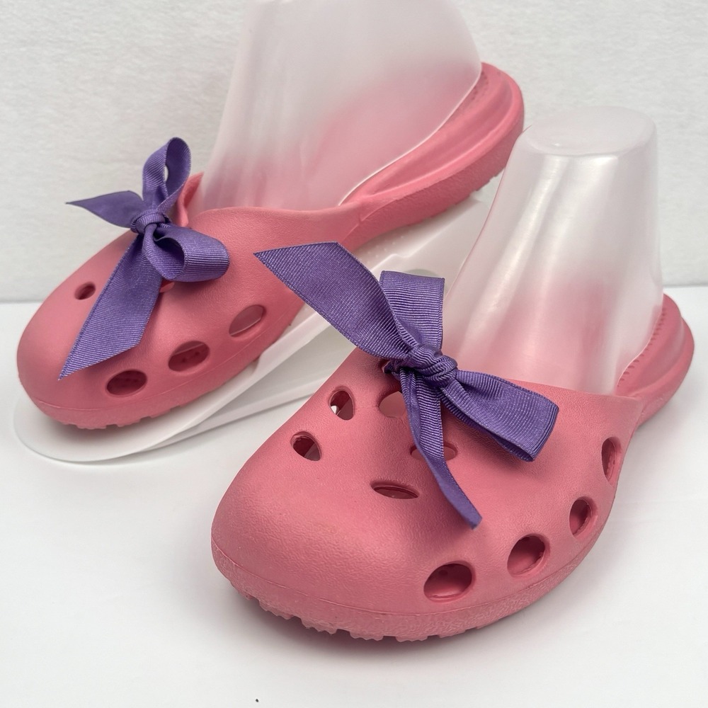 Vintage Crocs Audrey Pink Slide Sandals Purple Bows Rare Y2K Coquette Size 9M